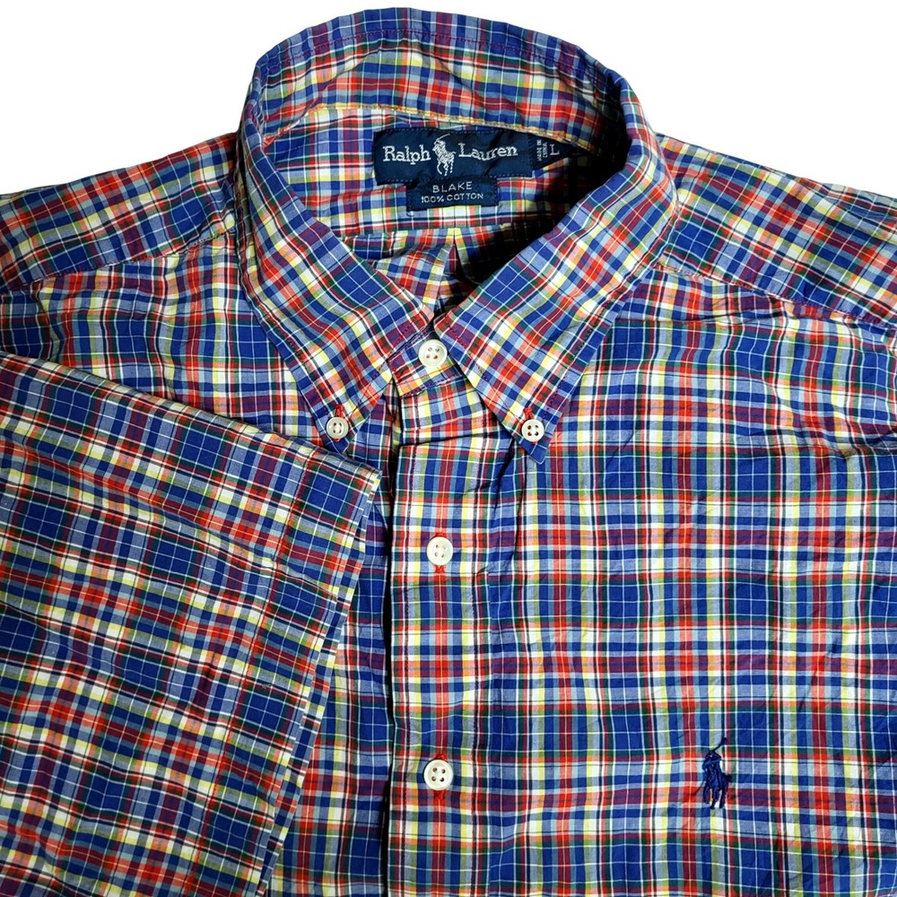 Ralph‎ Lauren Blake Mens Large Blue Plaid Short Sleeve Button Down Cotton Shirt